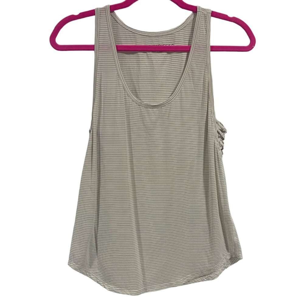 Beyond Yoga Women's Gray White Stripe Tank‎ Top With Lattice Cutouts On Sides S